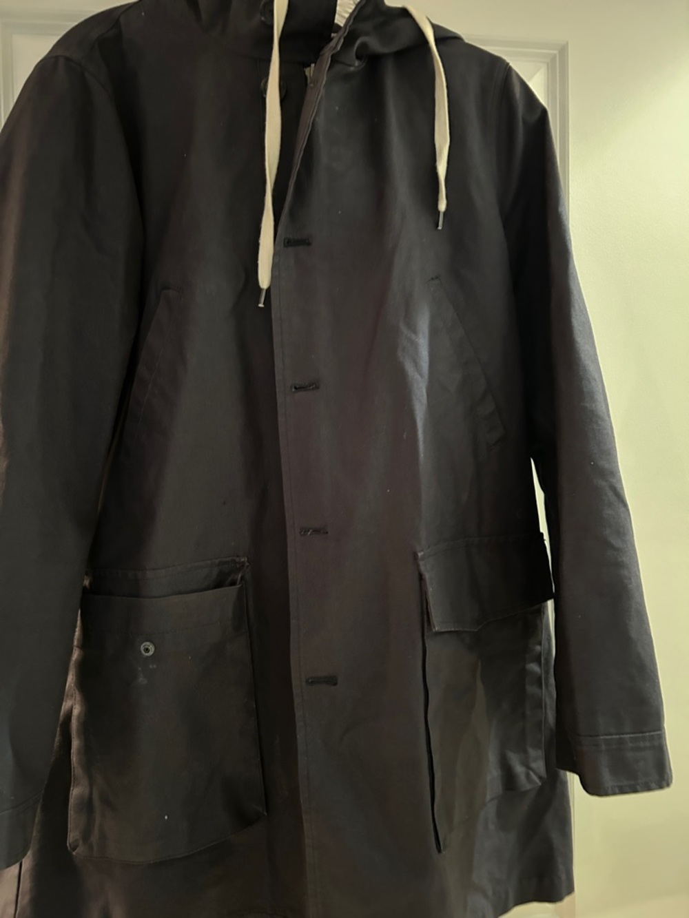 J. Crew Black Hooded Trench Coat with Cream Drawstrings